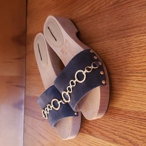 NWOT Ann TAYLOR sandal Suede Leather Chain Wood Slip-On Shoes Mule,Size 6